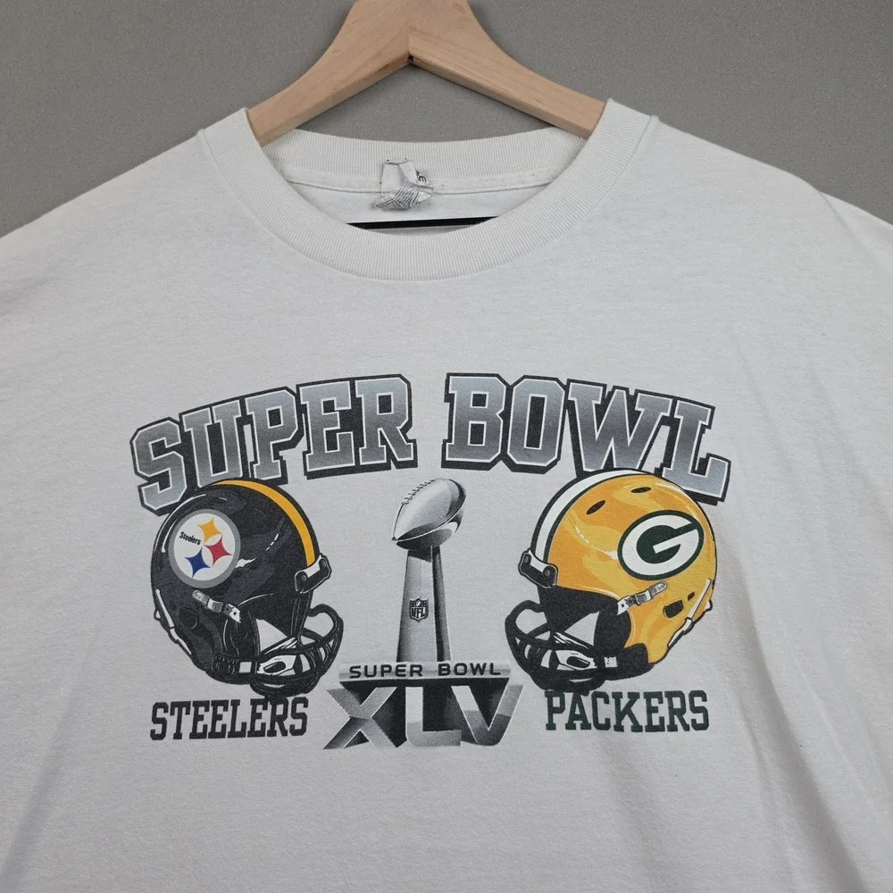 Super Bowl XLV Steelers Packers Football 2011 NFL Mens 2XL White Graphic T-Shirt